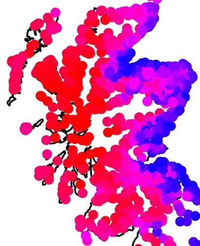 Figure 1:Model output of predicted liver fluke risk in cattle due to fixed effects (temperature, rainfall, northings and eastings). Redder is higher risk; bluer is lower risk.