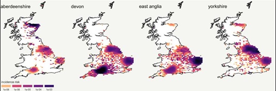 Figure 1: The catchment areas during the survey period for the single Scottish slaughterhouse and the coverage achieved in each of the five ovine AMR surveys between 2017 & 2021.